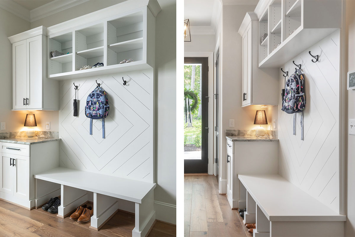 Custom mud room bench with hooks and upper storage